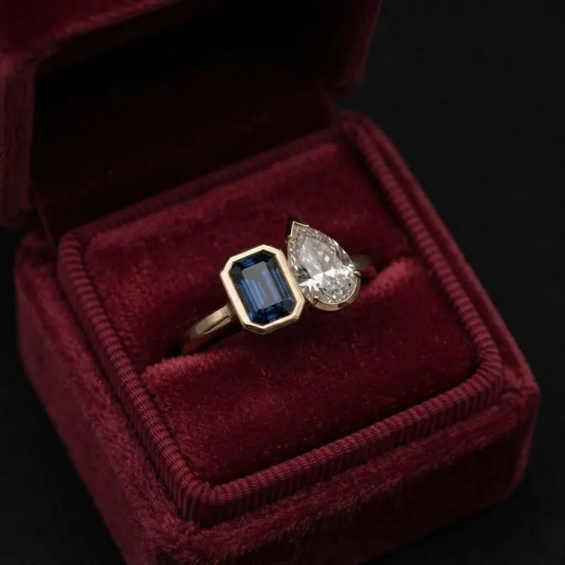 Two Stone Bezel Sapphire Moissanite Ring, Toi Et Moi Ring, Pear & Emerald Cut Gemstone Ring, 14k Rose Gold Ring, Anniversary Gift For Her