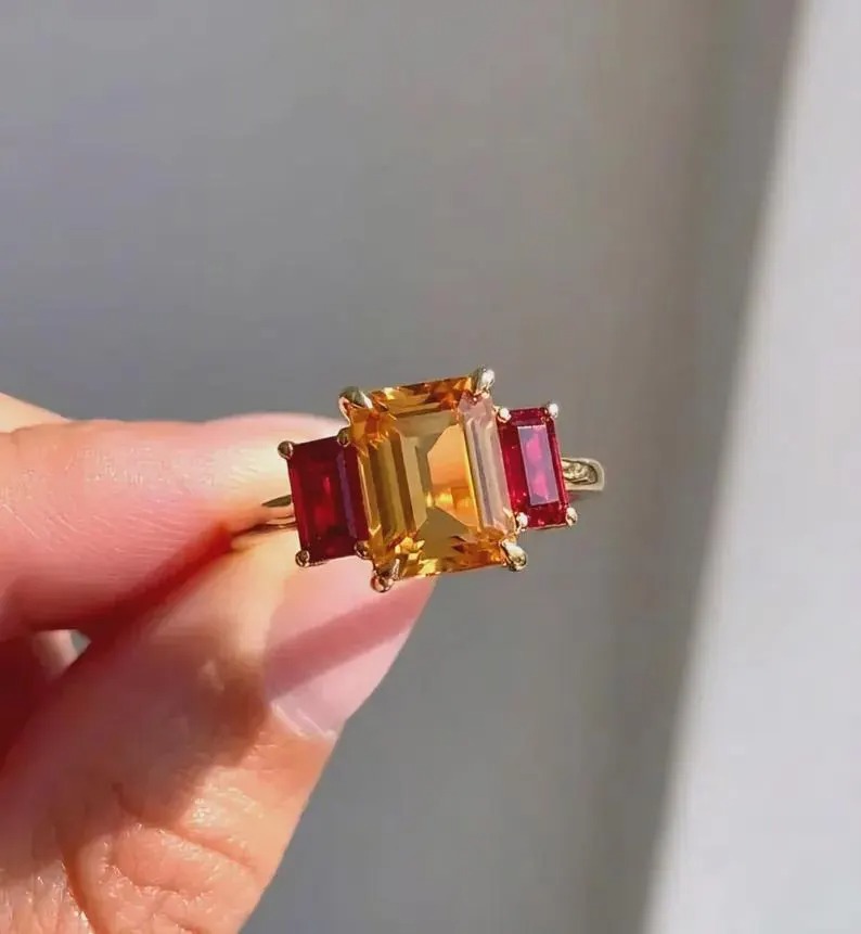 Emerald Shape Citrine & Baguette Cut Ruby Cluster Statement Wedding Ring, Prong Setting Gemstone Anniversary And Proposal Gift Ring For Her