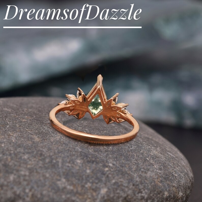 Vintage Kite Cut Moss Agate Engagement Ring, Unique 14k Cluster Marquise Moissanite Ring, Delicate-Stacking Ring, Anniversary Gift For Her