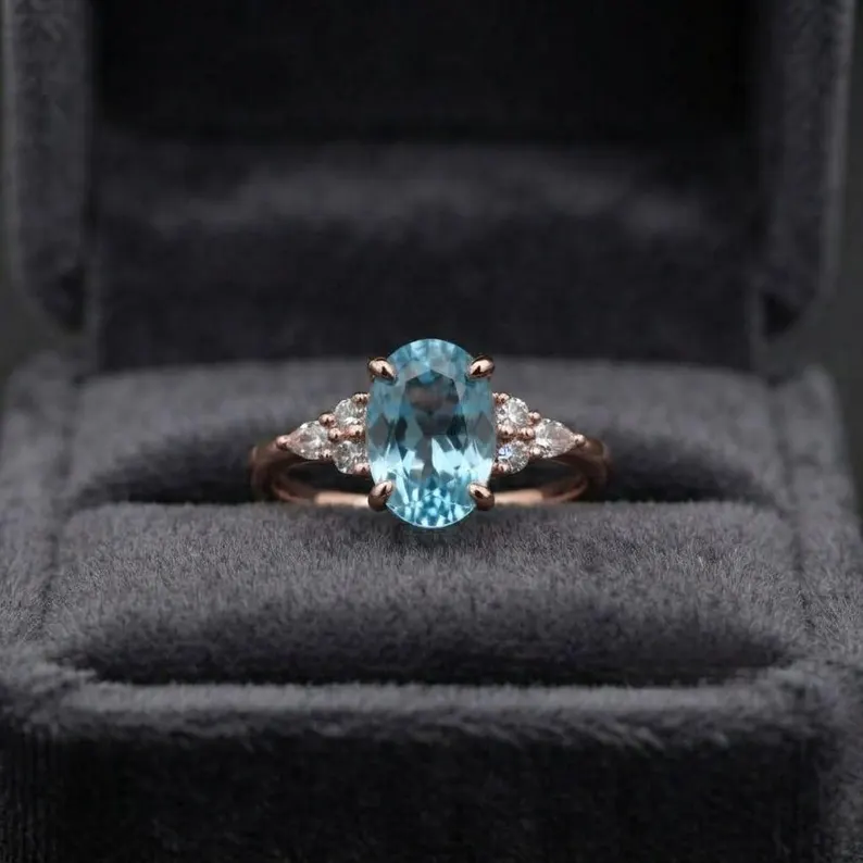 Oval Aquamarine Ring, 2.50 Ct Oval Shape Engagement Ring, Vintage Diamond Accent Ring, Cluster Bridal 14k Yellow Gold Wedding Ring For Woman