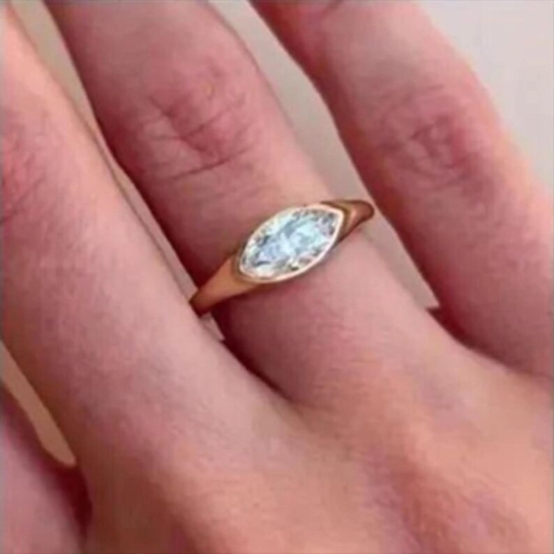 Marquise Moissanite Ring: East-West Sterling Silver Signet, Bezel Set Diamond wedding ring, Promise Ring Diamond Solitaire Delicate Ring