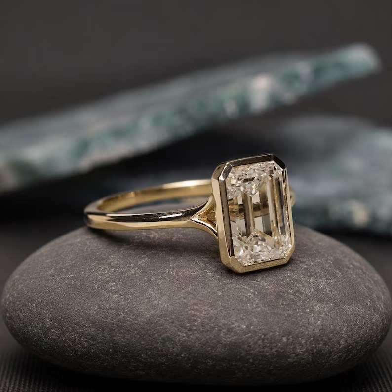 3 CT Emerald Cut Moissanite Engagement Ring 14K Gold Ring Bezel Set Wedding Rings Moissanite Bezel Set Solitaire Ring Promise Ring for Women