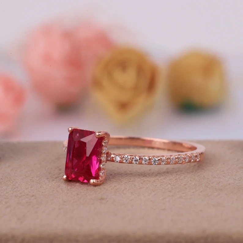 8*11mm Emerald Cut Lab Created Ruby Ring, Solid Yellow Gold Engagement Ring, Moissanite Bridal Ring, Wedding Promise Ring, Red Gemstone Ring
