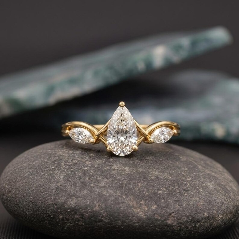 Whispering Unique Leaf Pear Diamond Ring, Nature Inspired Engagement Ring, Unique Gold Promise Ring Dainty Marquise Side Stones Gift for Her