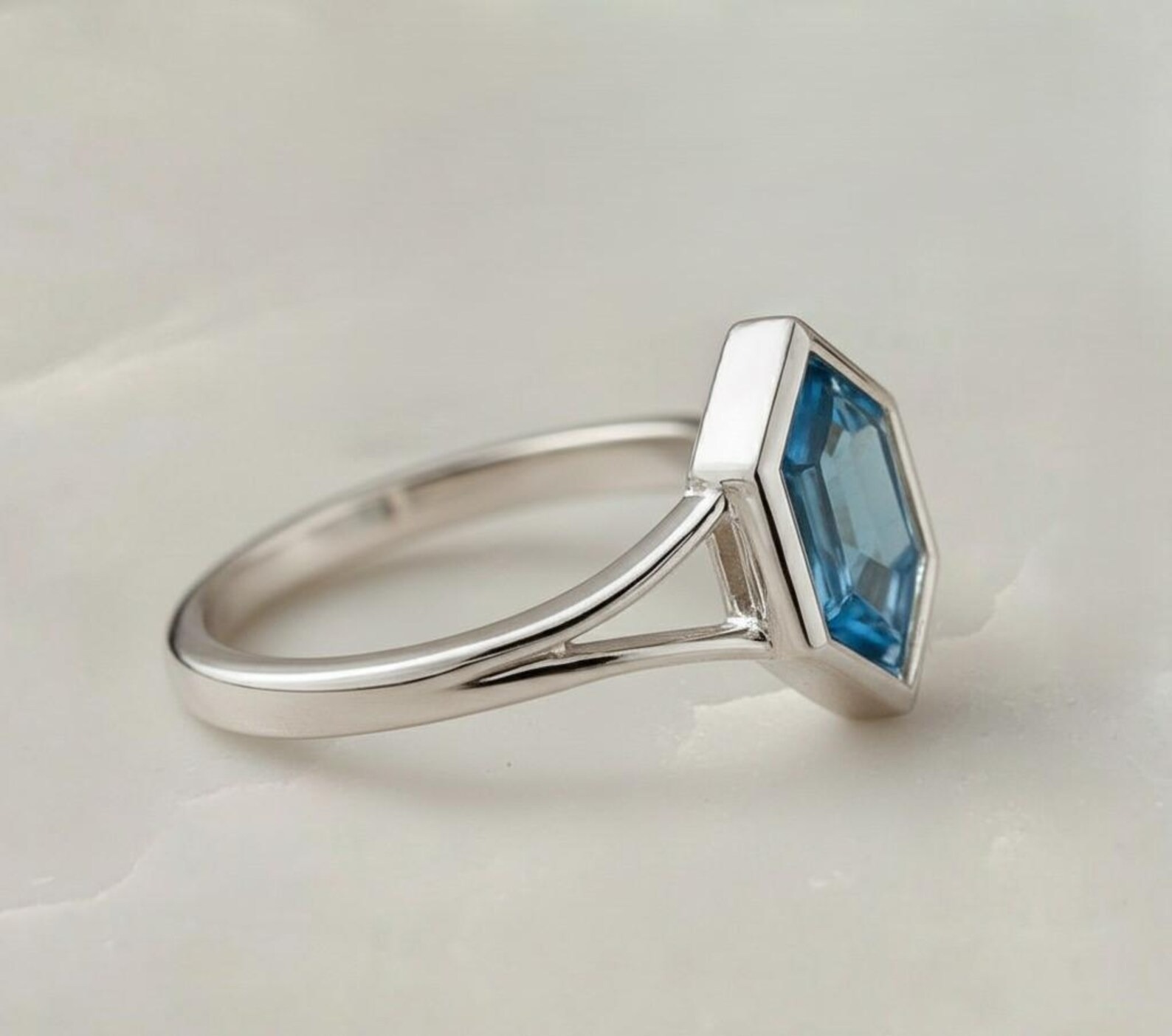 Hexagon Cut London Blue Topaz Solitaire Wedding Ring | Solid Gold Bezel Set Art Deco Statement Ring | December Birthstone | Gift for Women