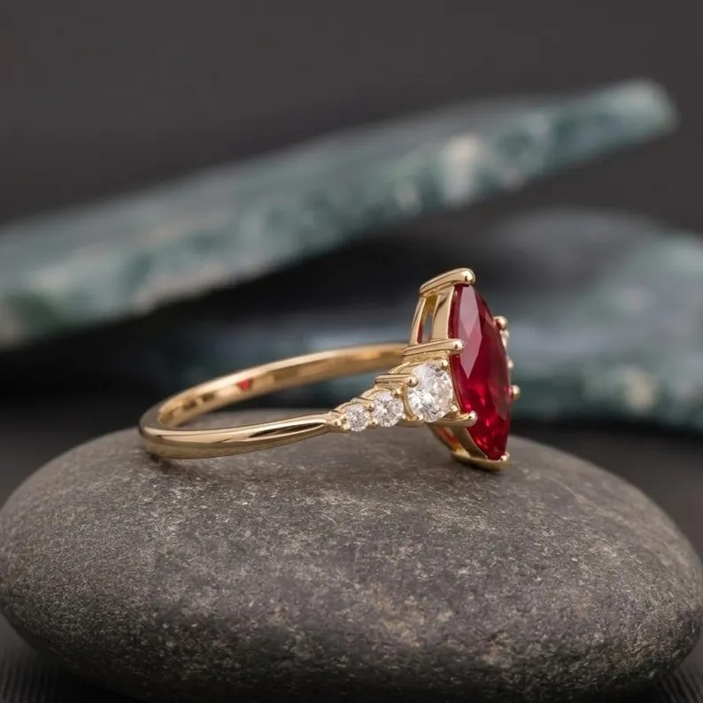 Vintage Inspired Ruby Ring, Marquise Cut Red Gemstone Ring, Diamond Round Accent Ring, Elegant Promise Ring for Women, Handmade Fine Jewelry