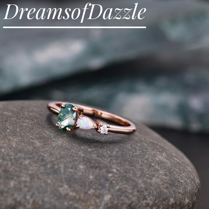 Unique Moss Agate Opal Engagement Ring,Pear Cut Gems,Art Deco Moissanite Wedding Band,3 Stone Unique Women Bridal Promise Ring,Customized