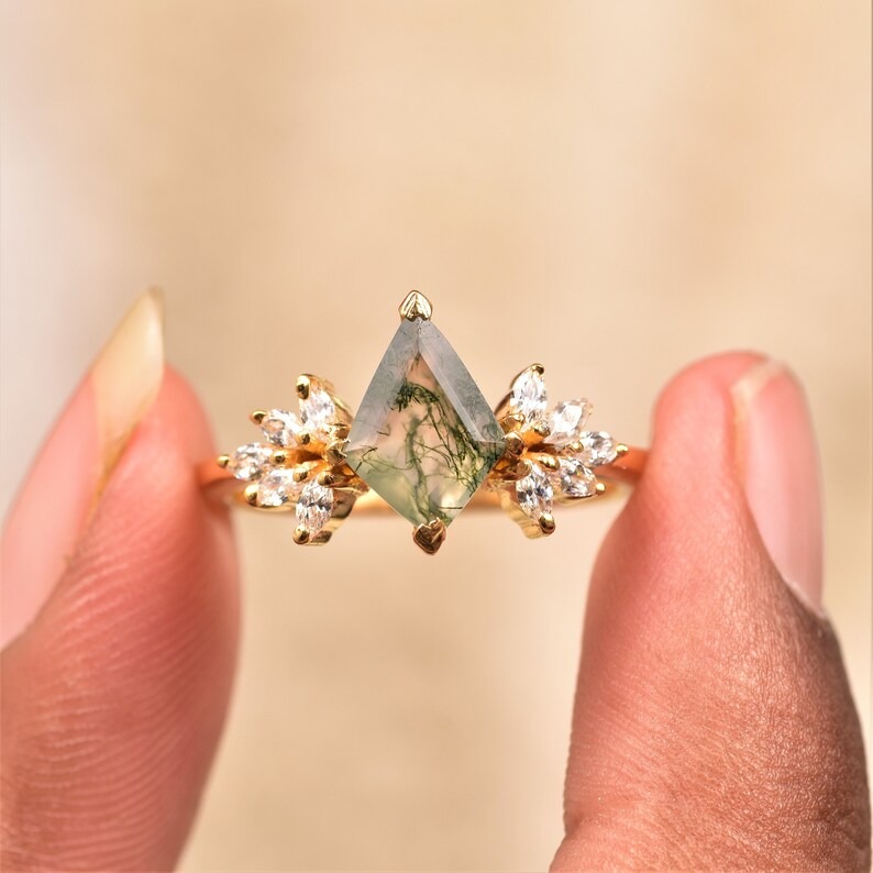 Vintage Kite Cut Moss Agate Engagement Ring, Unique 14k Cluster Marquise Moissanite Ring, Delicate-Stacking Ring, Anniversary Gift For Her