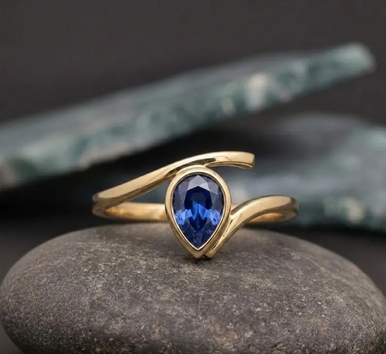 Blue Sapphire Engagement Ring, Dainty Promise Ring Stacking Band, Pear Shape Ring, Vintage Blue Anniversary Gift for Her, September Gemstone