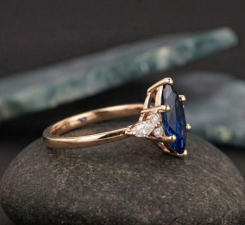Marquise Cut Blue Sapphire Engagement Ring, 14K Solid Yellow Gold Wedding Ring, Vintage Blue Gemstone Promise Ring, Anniversary Gift for Her