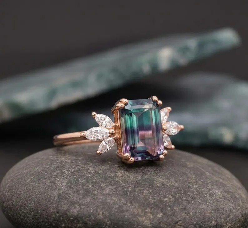 Watermelon Tourmaline Cluster Wedding Ring, 14k Yellow Gold Engagement Ring, Art Deco Ring Duel Color Gemstone Ring, Personalized Gift Ring
