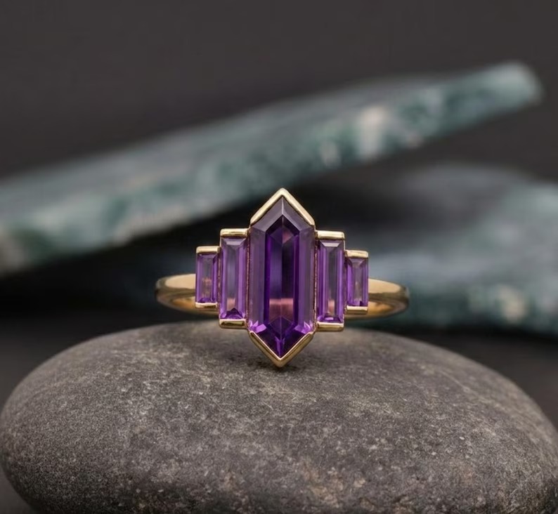 Hexagon Cut Purple Amethyst Ring, Unique Rose Gold Engagement Ring, Baguette Cut Ring Bezel Set Ring Vintage Bridal Wedding Anniversary Ring