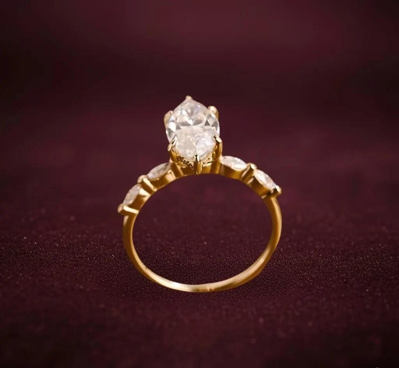 Marquise Cut Moissanite Engagement Ring, Hidden Halo Weeding Ring With Marquise Side Gemstone Accent Ring, Anniversary & Bridal Gift For Her