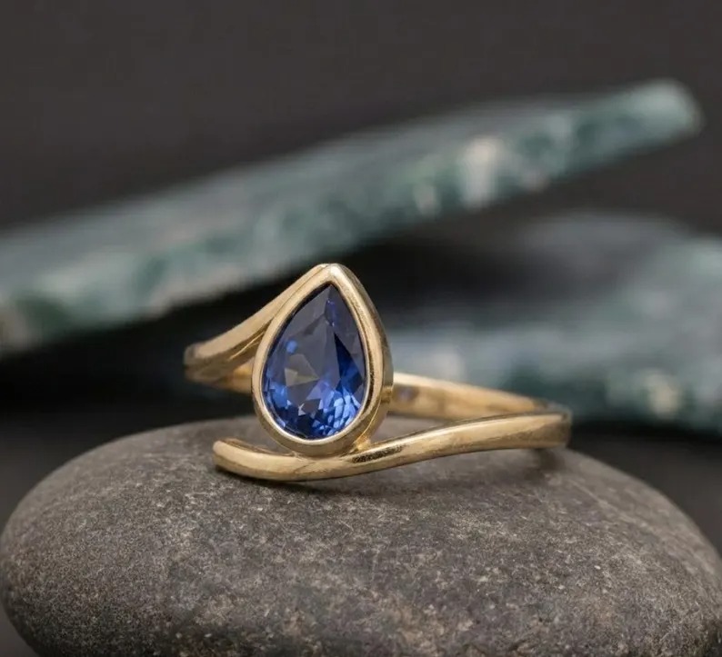 Blue Sapphire Engagement Ring, Dainty Promise Ring Stacking Band, Pear Shape Ring, Vintage Blue Anniversary Gift for Her, September Gemstone