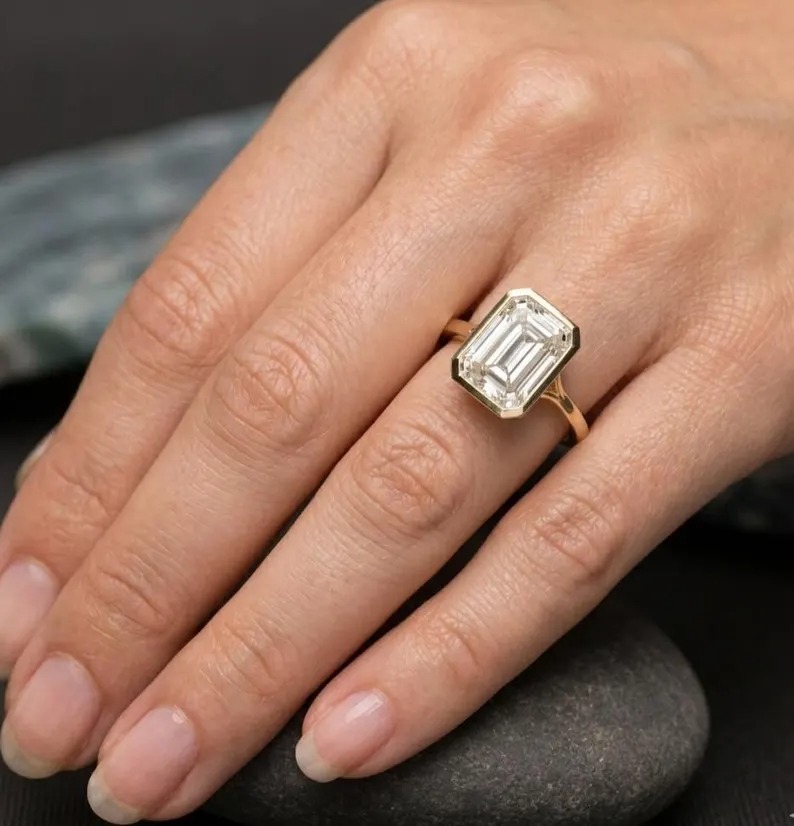 3 CT Emerald Cut Moissanite Engagement Ring 14K Gold Ring Bezel Set Wedding Rings Moissanite Bezel Set Solitaire Ring Promise Ring for Women