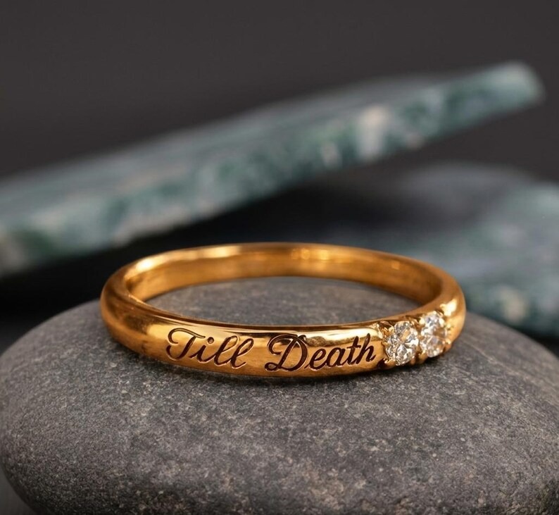 Till Death Diamond Ring, Gold Engraved Wedding Band, Gothic Promise Ring, Anniversary Jewelry, Alternative Engagement Ring Gift for Couples