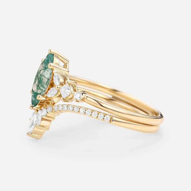 Marquise Cut Moss Agate Engagement Ring Set, Vintage Cluster Curved Moissanite Wedding Ring, Nature Inspired Anniversary Ring Set For Women