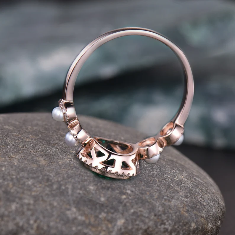 Vintage unique oval Alexandrite engagement ring 14k rose gold Akoya Pearl ring halo moissanite ring 8 prong bridal wedding ring for women
