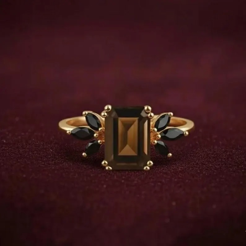 Smoky Quartz & Black Onyx Ring, Emerald Cut Wedding Ring, Cluster Bridal Ring, 14K Solid Gold Anniversary Ring, Double Prong Setting Ring