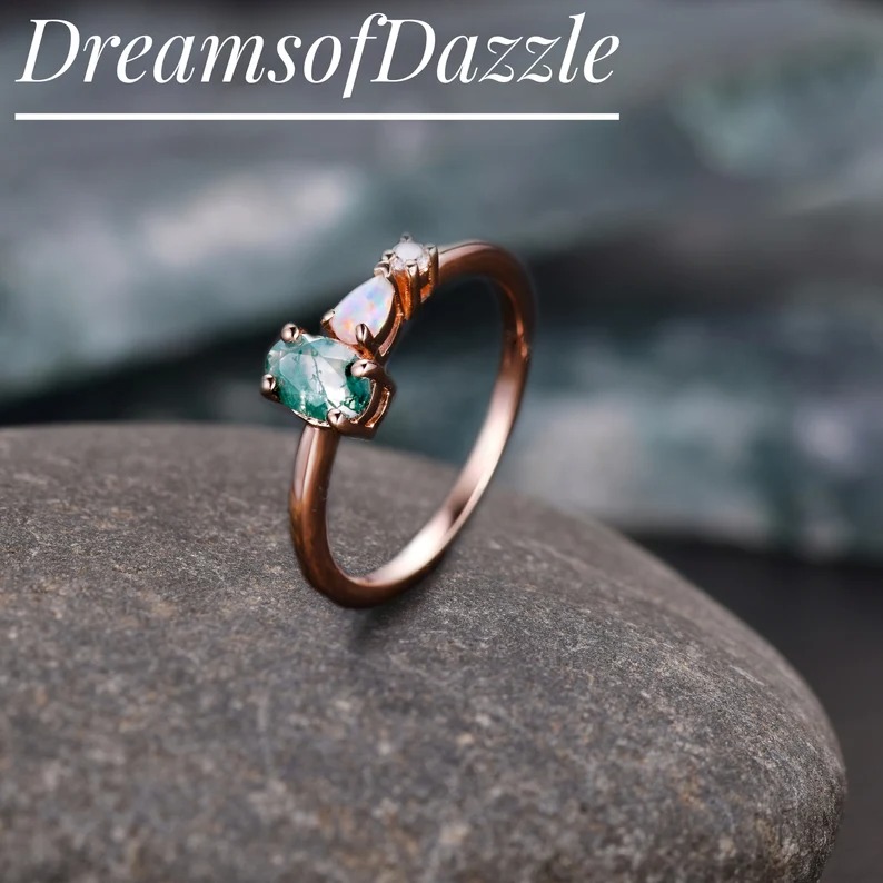Unique Moss Agate Opal Engagement Ring,Pear Cut Gems,Art Deco Moissanite Wedding Band,3 Stone Unique Women Bridal Promise Ring,Customized