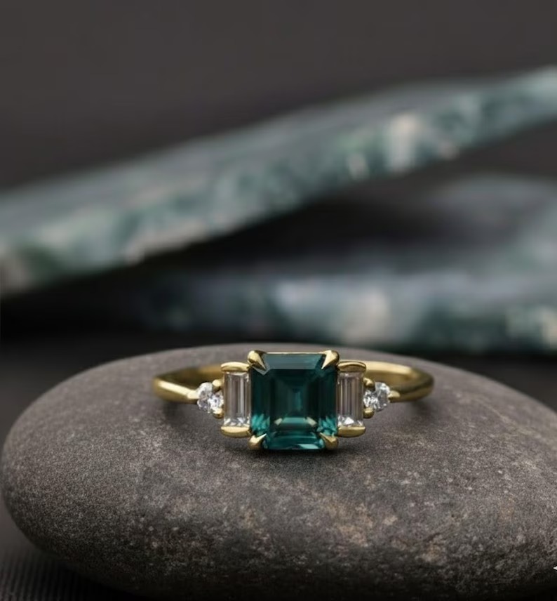 Princess Cut Sapphire Engagement Ring, Personalized Gift For Women, Baguette Art Deco Round Diamond Cluster Ring, Teal Sapphire Gift Ring