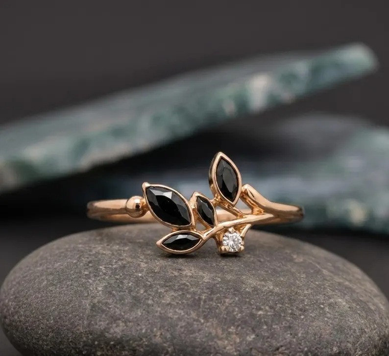 Floral Leaf Marquise Cut Onyx Ring, Dainty Diamond Accent Engagement Ring, Proposal Ring, Nature Inspired Ring For Her, Black Onyx Leaf Ring