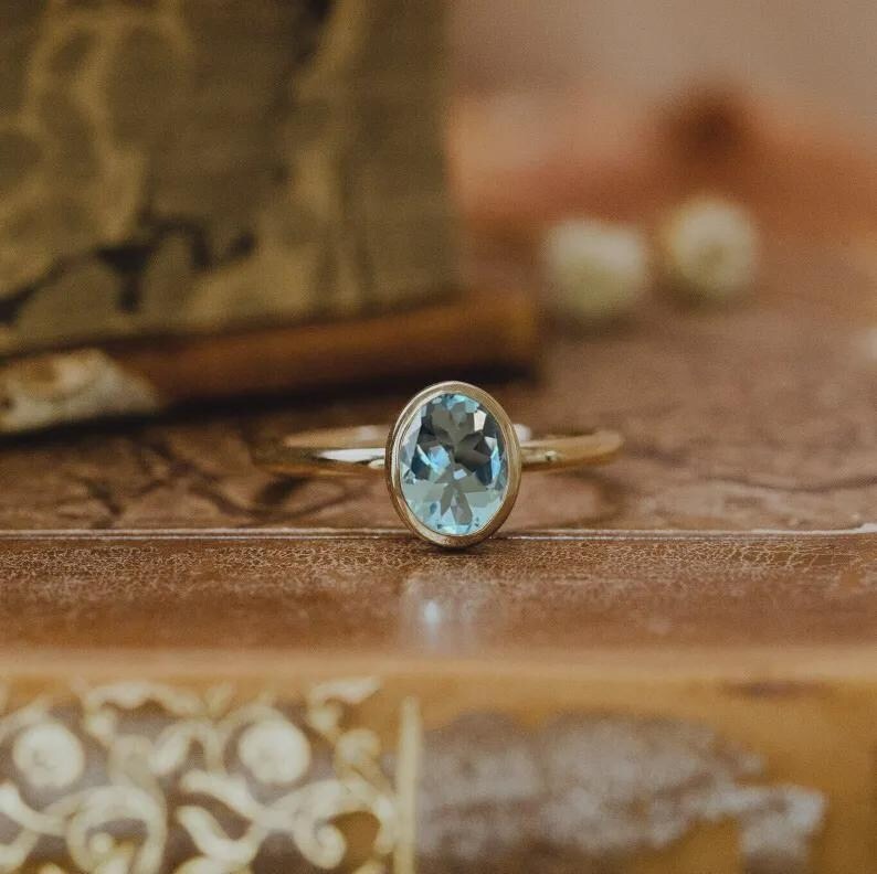 2CT Oval Cut Lab Aquamarine Engagement Ring, 14k Rose Gold Ring, Oval Blue Gemstone Ring, Bezel Setting Anniversary Gift For Women