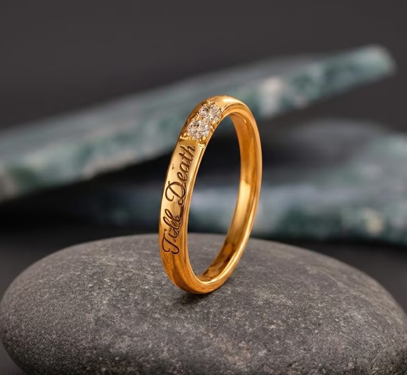 Till Death Diamond Ring, Gold Engraved Wedding Band, Gothic Promise Ring, Anniversary Jewelry, Alternative Engagement Ring Gift for Couples