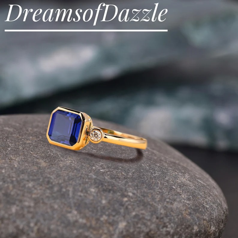 Blue Gemstone Ring,8x11mm Emerald Cut Sapphire Center Engagement Ring,Vintage Anniversary Ring,Prong Set Ring,Birthstone Ring,Gift For Women