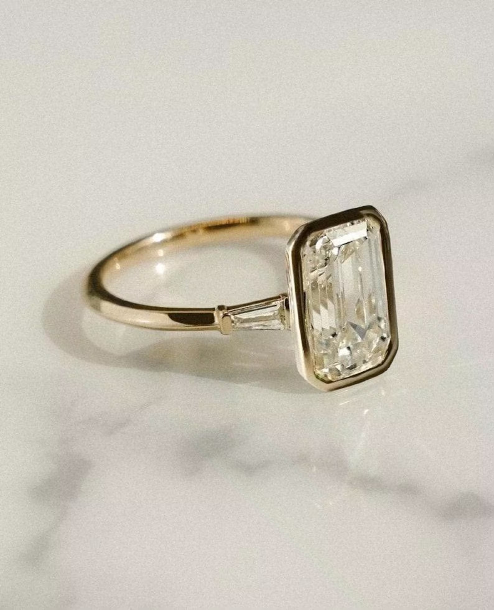 2 CT Emerald Cut Moissanite Engagement Ring, Three Stone Wedding Ring, Full Bezel Set Baguette Cut Side Tapper Ring Anniversary Ring For Her