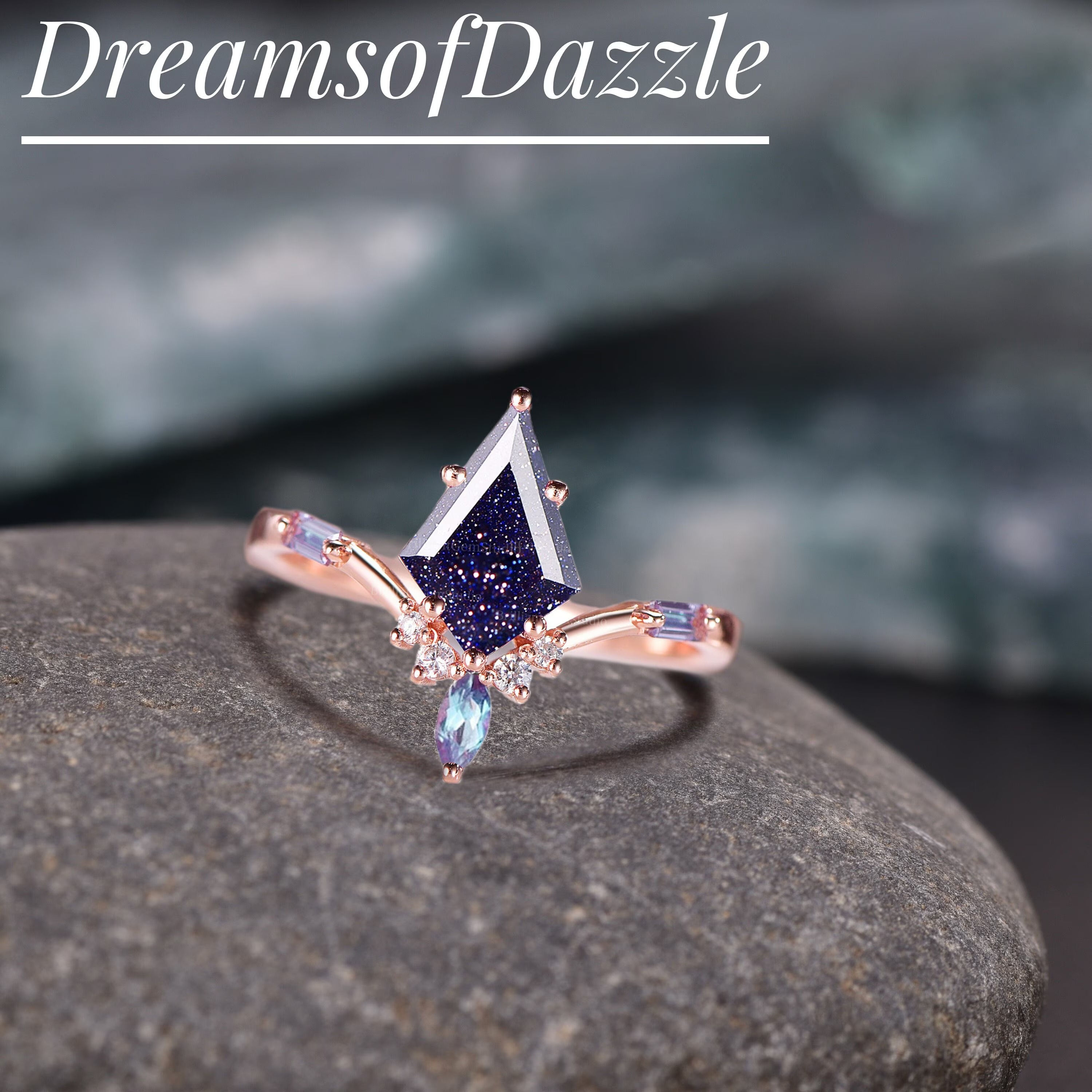Galaxy Blue Sandstone Engagement Ring Silver Rose Gold Blue Sandstone Ring Planet Ring Geometric Ring Color Changed Alexandrite Birthstone