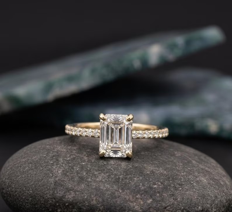 2.5ct Emerald Cut Moissanite Engagement Ring, Solitaire Moissanite Gold Promise Ring, Bridal Wedding Ring, Delicate Anniversary Ring Gifts