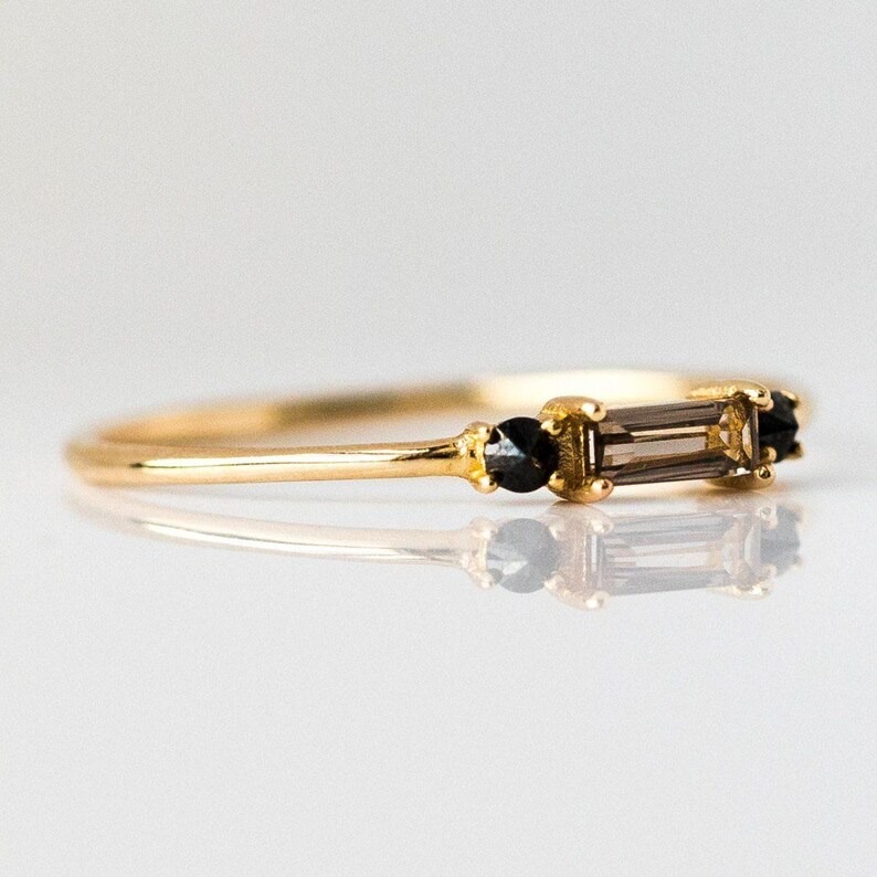 Delicate Minimalist Baguette cut Smoky Quartz Promise Bridal Ring, Vintage Solitaire Engagement Ring, Black Onyx Anniversary Gift For Women