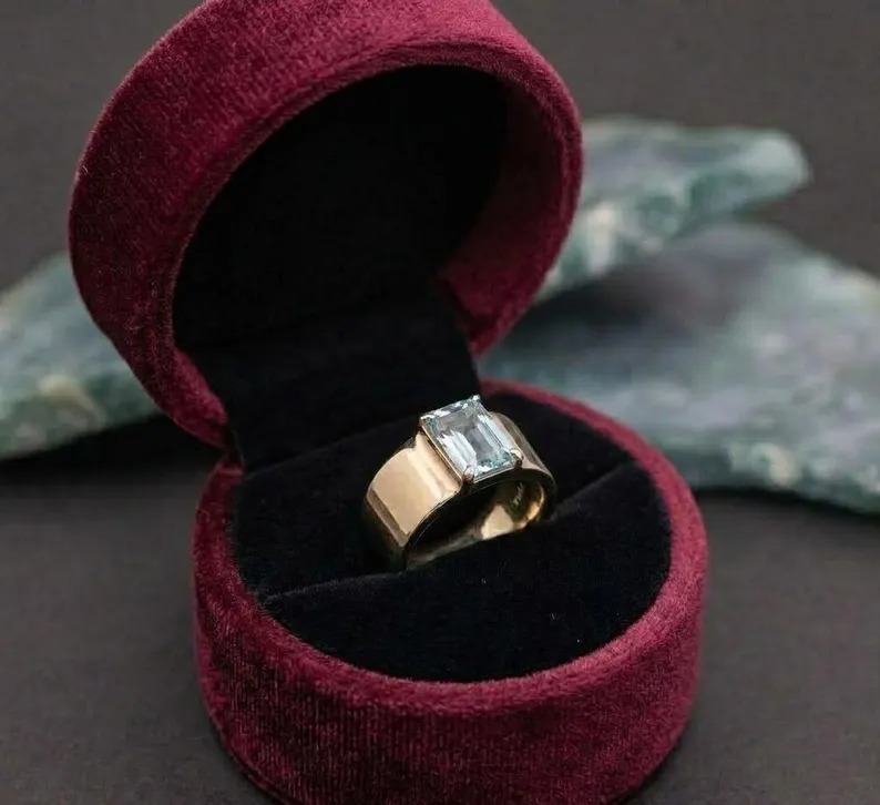 Emerald Cut Aquamarine Ring, Vintage 14k Solid Gold Anniversary Ring, March Birthstone Gifts Women, Aquamarine Engagement Ring For Her