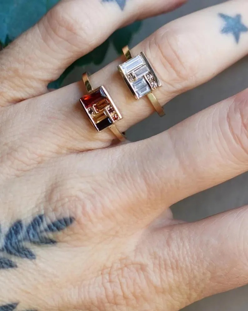 Unique Multi Gemstone Box Ring 14K Solid Gold Baguette Garnet Statement Ring, Art Deco Engagement Ring, Fine Jewelry Valentines Gift For Her
