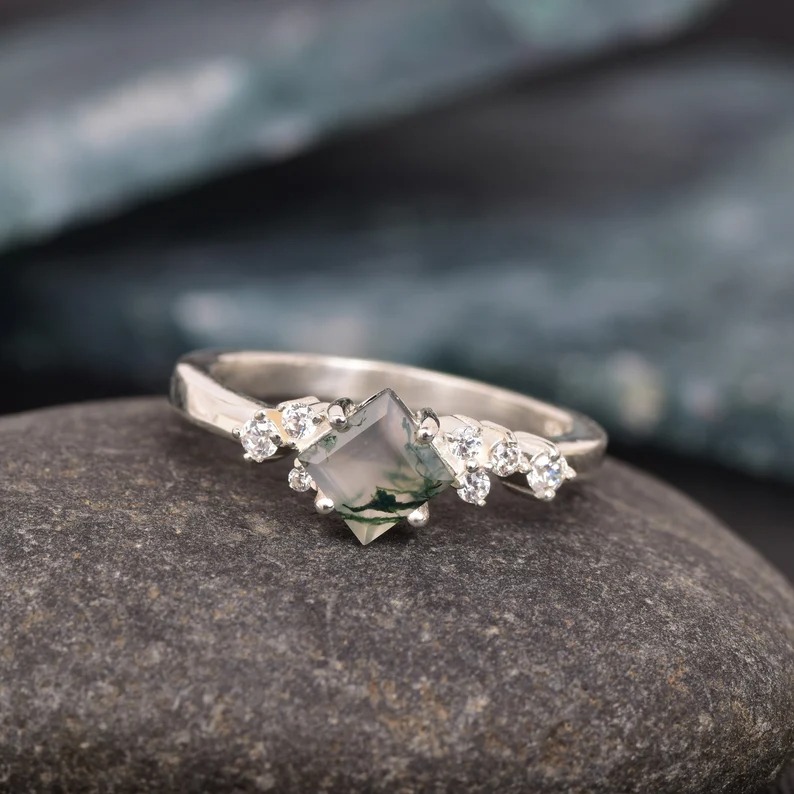 Natural Princess Cut Moss agate ring, Vintage Unique princess cut green moss agate engagement ring, Antique Bridal promise wedding ring