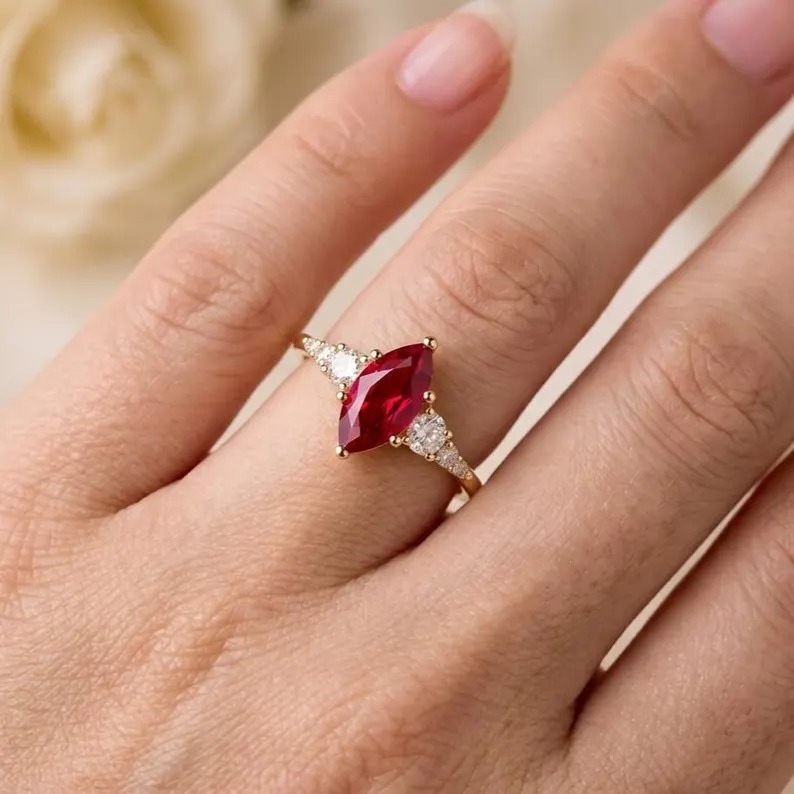 Vintage Inspired Ruby Ring, Marquise Cut Red Gemstone Ring, Diamond Round Accent Ring, Elegant Promise Ring for Women, Handmade Fine Jewelry