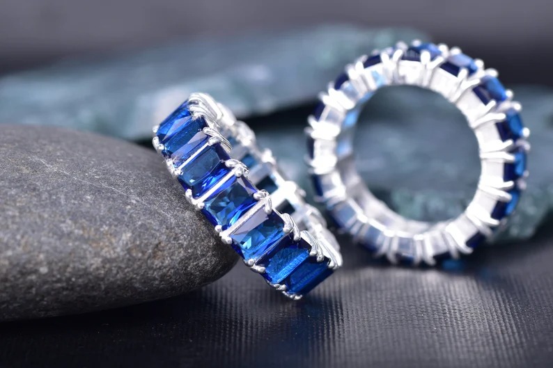 Full Eternity Stackable Band Lab Blue Sapphire Band CZ Solid 925 Sterling Silver Wedding Band, Eternity Band September Stone