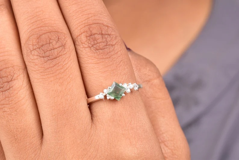 Natural Princess Cut Moss agate ring, Vintage Unique princess cut green moss agate engagement ring, Antique Bridal promise wedding ring