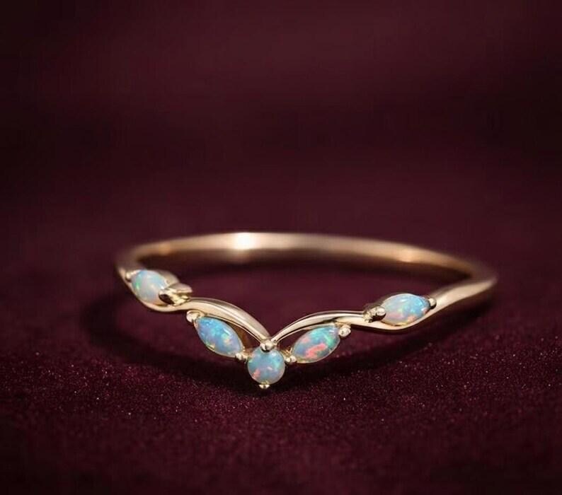 Delicate Opal Vintage curved wedding band Unique rose gold Marquise Art deco Matching stackable Opal ring Women Dainty bridal Promise Rings