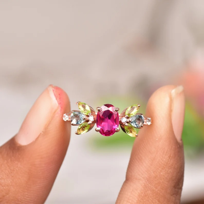 Beautiful Ruby Peridot Engagement Ring, 925 Solid Sterling Silver Ring, Ruby Cluster Ring, Ruby Aquamarine& peridot Ring Multi Gemstone Ring