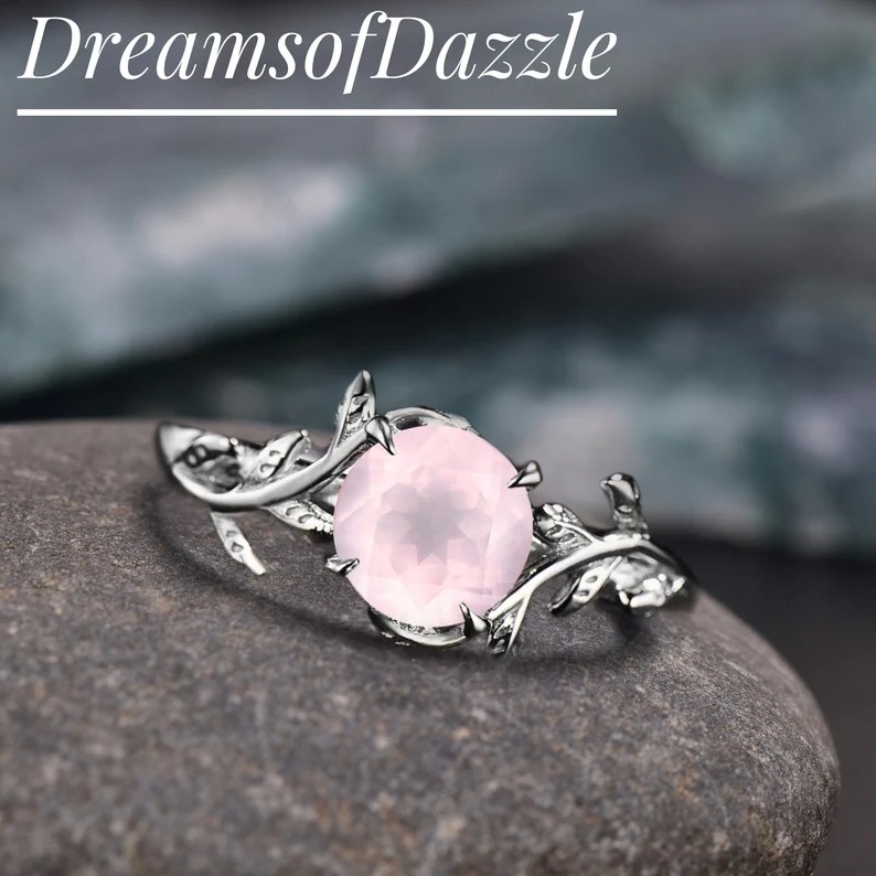 1ct Round Cut Natural Pink Rose Quartz Ring Rose Gold Simple Engagement Rings Leaf Solitaire Ring Heal Crystal Ring Natural Stone Ring Gift