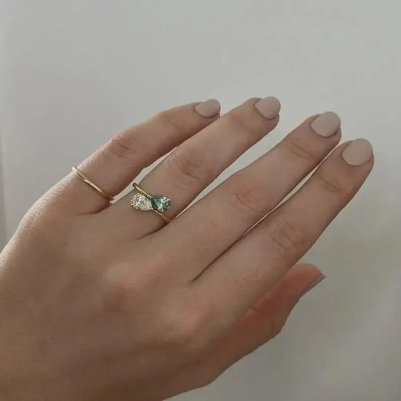 Vintage Toi Et Moi Engagement Ring, Green Tourmaline & Pear Moissanite Ring, 14k Gold Promise Ring, Two Stone Wedding Ring, Anniversary Gift