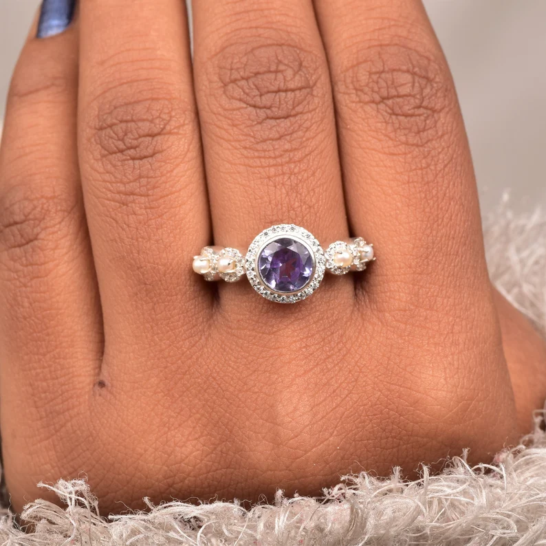 Vintage unique oval Alexandrite engagement ring 14k rose gold Akoya Pearl ring halo moissanite ring 8 prong bridal wedding ring for women