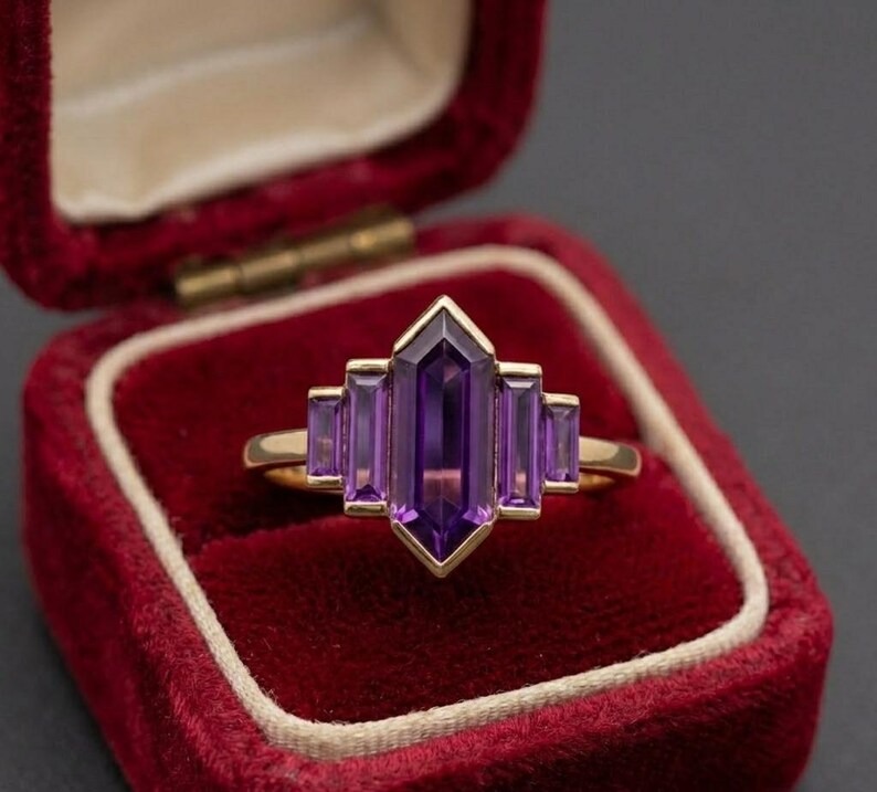 Hexagon Cut Purple Amethyst Ring, Unique Rose Gold Engagement Ring, Baguette Cut Ring Bezel Set Ring Vintage Bridal Wedding Anniversary Ring