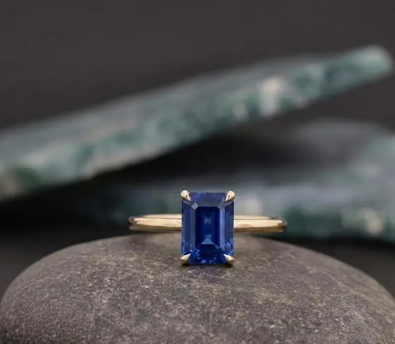 Emerald Cut Sapphire Ring, Vintage 14k Solid Gold Anniversary Ring, September Birthstone Gifts Women, London Blue Sapphire Engagement Ring
