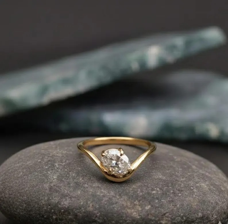 Oval Moissanite Ring 14k Solid Gold Floating Gem Ring East West Unique Sideway Oval Cut Ring Unique Floating Stone Wedding Promise Ring Gift