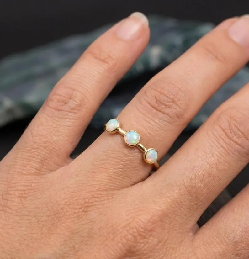 Round Opal Wedding Band, Rose Gold Vintage Round Fire Opal Stackable Matching Band, Art Deco Half Eternity Band, Anniversary Ring For Women