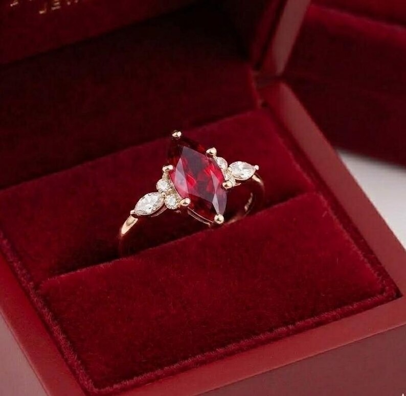 Marquise Ruby Ring, Red Gemstone Engagement Ring, Diamond Accent Cluster Ring, Vintage Red Ruby Promise Ring, July Birthstone Jewelry Gift