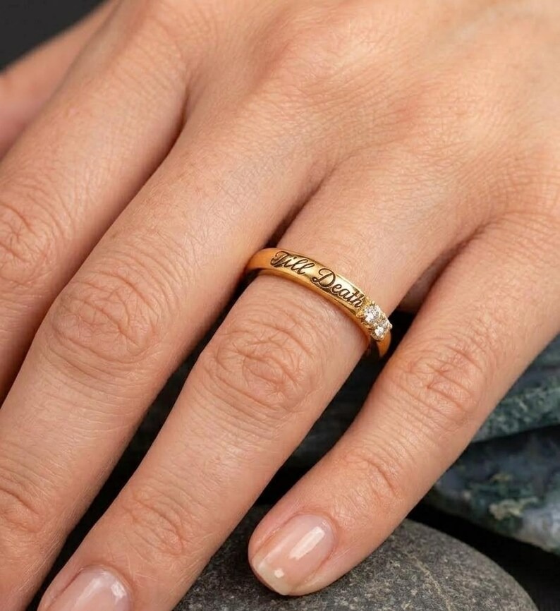 Till Death Diamond Ring, Gold Engraved Wedding Band, Gothic Promise Ring, Anniversary Jewelry, Alternative Engagement Ring Gift for Couples